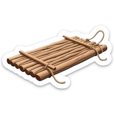 showing a simple wooden raft floating on calm blue water — made of several brown logs tied together with rope — gentle ripples around it — bright, cheerful lighting and soft shadows — minimalist, clean emoji design sticker