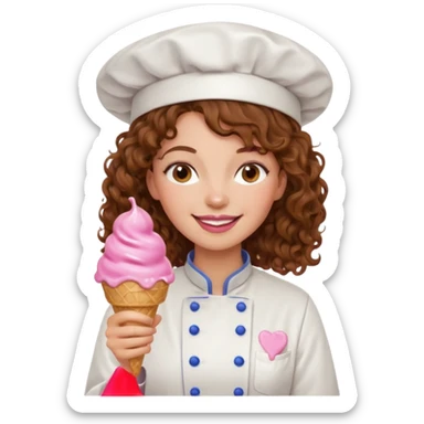 woman brown curly hair, chef, eating pink ice cream sticker