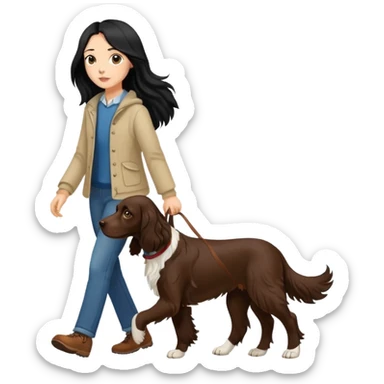 A girl with long black hair walks a brown springer spaniel sticker