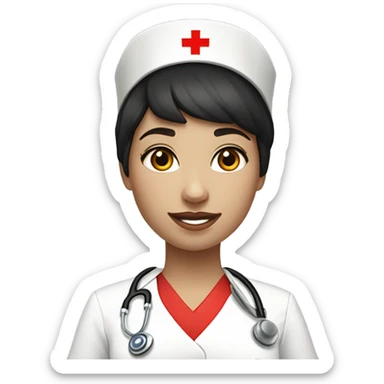 pixie cut black straight hair female nurse with red cross sign hat wearing dress
pale skin color sticker