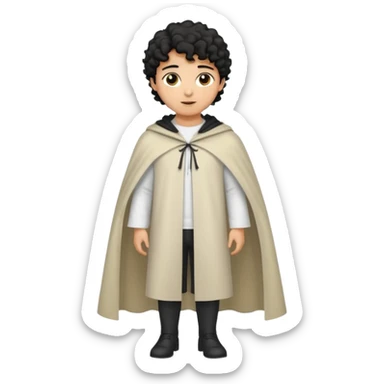 Apariencia: Joven de unos 25-30 años, atractivo,.
-Rostro: Ojos oscuros, piel ligeramente morena, rasgos árabes finos.
-Cabello: Negro, rizado corto, viste como cristiano (camisa blanca, capa corta, colores sobrios). Que salga de cuerpo completo sticker