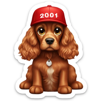 red cocker spaniel full length, wearing a New Year's cap sticker