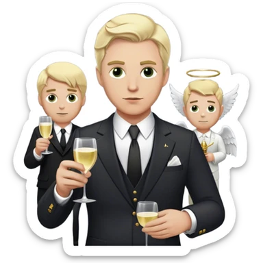 white man with blonde hair with half of him shown as a rich man with money eyes and him holding a champagne glass and him wearing a suit and the other half shown as a poor man who was a soldier with the rich side having a angel ring and the other half having a devil horn sticker