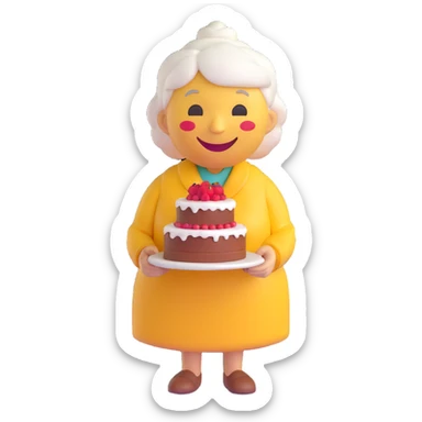 3D smiley emoji, round shape, grandmother with a cake, dressed up, yellow color, smiling face sticker