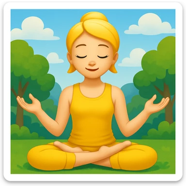 Add a peaceful nature background with trees and sky behind the meditating emoji, keep the classic emoji style sticker