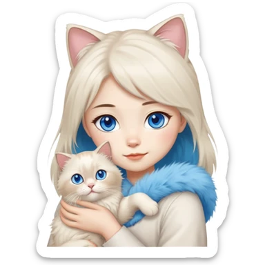 Asian girl holding a fluffy ragdoll cat with blue eyes and colorpoint fur sticker