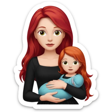 White woman in black dress with long red hair and makeup holding one baby sticker
