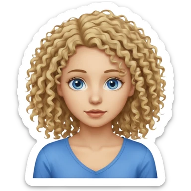 This is a 2D digital anime-style portrait of a female, caucasian, 29 years old light skin. The person has messy dirty blond curly hair shoulder long, round blue eyes.  sticker
