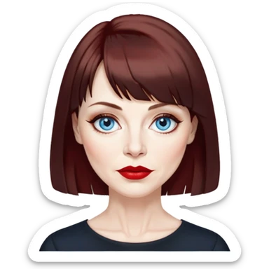 Artistic woman in her late 50s with pale skin, wider face, visible age lines around eyes and mouth, blue eyes with eyeliner, thin eyebrows, red lipstick, dark auburn hair with bangs styled more conservatively, wearing a black top sticker