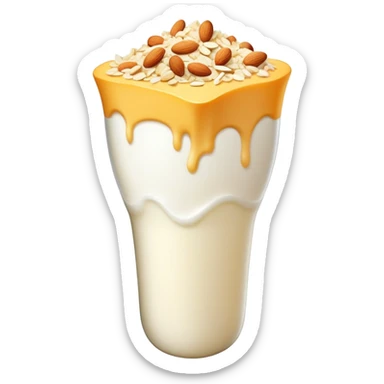 A large white leg bone clearly floating in the center, very prominent and glowing. Around it at a distance are separate calcium-rich foods: yogurt cup, pile of shredded cheese, almonds, and sesame seeds. sticker