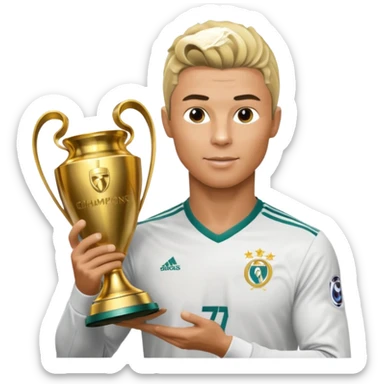 Cristiano Ronaldo holfing the champions league with noodle hair a bit longer noodle hair with a bit of blonde highlights and tge hair xoming down a bit just a bit of blonde not completely sticker