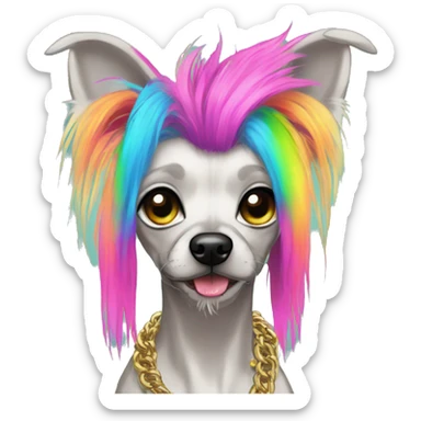 Punk Chinese crested dog neon rainbow hair gold chain piercings tattoos ear piercings sticker