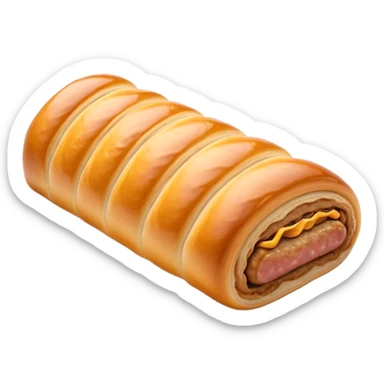 Cinematic Realistic Sausage Roll Dish Emoji, depicted with a crisp, golden pastry wrapped around flavorful sausage, rendered with detailed textures and appetizing lighting. sticker