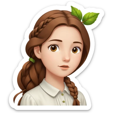  A girl with a long braid, a brown hairpin shaped like a leaf, and a white blouse, breathing in the spring air. sticker
