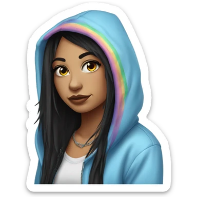 Pretty Girl with tattoos, long eyelashes, winged eyeliner, sky blue eyes, long black hair with rainbow fringe wearing a hoodie sticker