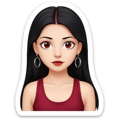a pretty bratz fair girl with long black hair, kajal under eyes, small silver hoop. Dark cherry red tank top on.  sticker