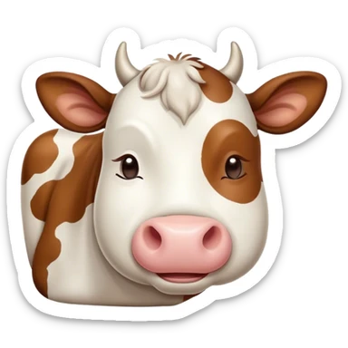 Meme-Worthy Cute Sleeping Brown and White Cow Portrait Emoji, Head resting peacefully with a contented smile, showcasing a robust build and a luxuriously soft patterned hide of brown and white, eyes shut in a serene, restful nap, Simplified yet hilariously adorable features, highly detailed, glowing with a soft, drowsy light, high shine, relaxed and utterly lovable, stylized with an air of playful laziness, bright and heartwarming, soft glowing outline, capturing the essence of a comically sleepy cow, so meme-worthy it feels like it could instantly become the next viral sensation of adorable slumber! sticker