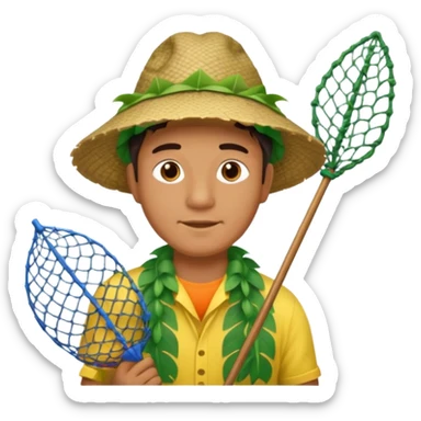 Hawaiian man with leaf hat and big fishing net and colorful cloth sticker