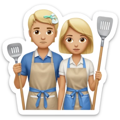A blonde women slaving away cleaning a kitchen while her blonde husband scowls at her sticker