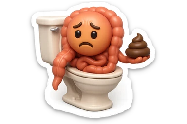 emoji stile iphone di un intestino realistico 3d che esce dal wc con in mano una montagnetta di feci con espressione triste a palline, iperrealistico 4k sticker