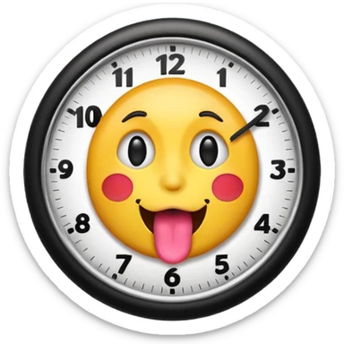A emoji sticking its tongue out with clock it fingers  sticker