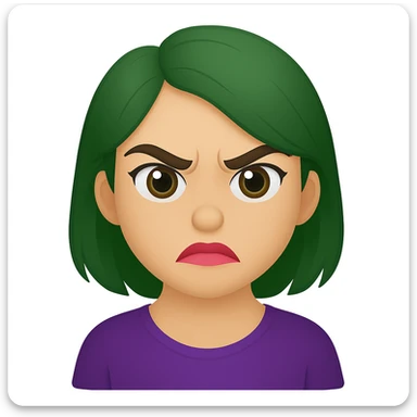 Create an emoji style image of a girl with green hair, angry expression, hazel eyes, and lipstick blended with nude and pink. sticker