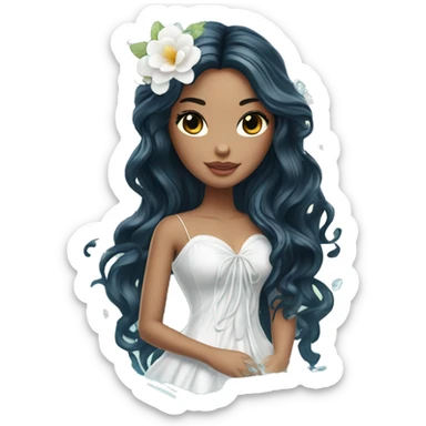 Pretty young Lady doll posing posed pose with long black hair flowers in hair white dress surrounded by flowing water water swirls waves sticker