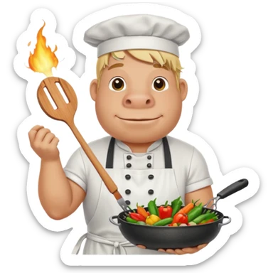 hippo man with tied blond hair and and a white apron grilling vegetables on a sizzling grill sticker