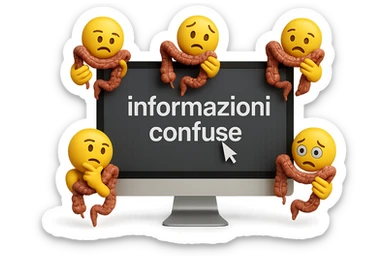 SCHERMO DI PC CON LA SCRITTA "informazioni confuse" SULLO SCHERMO E IL CLICK DEL MOUSE SULLA SCRITTA, stile emoji iphone fluttuano in aria stringendo in mano un pezzo di colon intestinale, iperrealistico 4k sticker