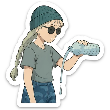 1 female, long white braid, knit cap, dark sunglasses, GRAY T-SHIRT, blue camo pants, POURING OUT A WATER BOTTLE sticker