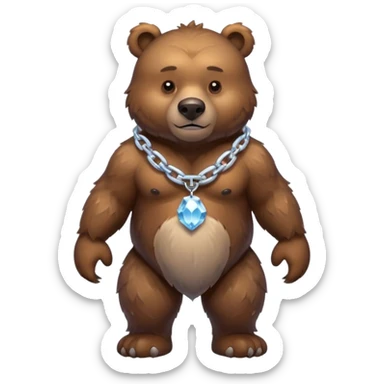 Fierce brown bear walking on four paws with an ice chain necklace, frozen chain links made of crystal clear ice, serious face sticker