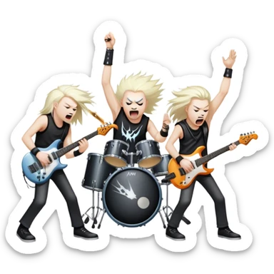 Icon for Heavy Metal Music: 4 men band on stage with electric guitars, drums and intense lighting. 4 Musicians headbanging, surrounded by energy and stage effects, capturing the power and intensity of a metal concert. Transparent background. sticker