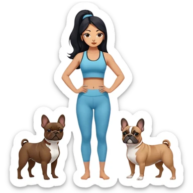 latin woman in a yoga outfit with long black hair standing alongside two French bulldogs emoji
 sticker