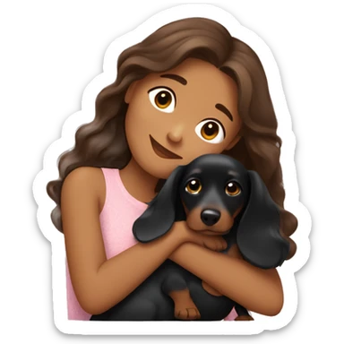 Brown long wavy hair girl cuddling a cute black dachshund sticker