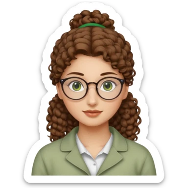 iranian woman, tight curly light brown hair in one high pony tail, glasses, green eyes, pretty, oval shape face, no hajib sticker
