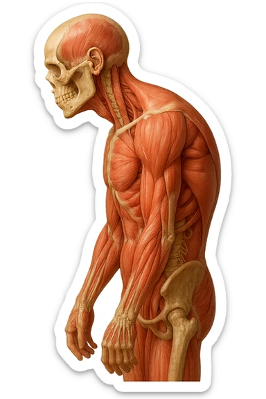 corpo UMANO ANATOMICO di profilo con spalle chiuse in avanti, postura errata, iperrealistico 4k sticker