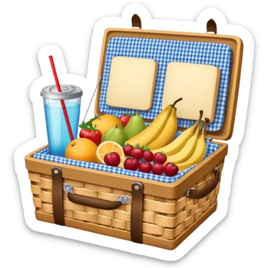 blue plaid lining basket with both food, drink and fruits sticker