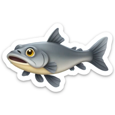 catfish emoji with a smooth, rounded body, long whiskers, and expressive eyes. The fish is slightly curved, giving it a dynamic and playful look. Its fins are well-defined, and its color is a mix of gray and yellowish highlights, adding depth sticker