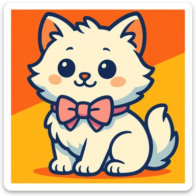 cute fluffy white kitten with a light pink bow, vibrant toon style sticker