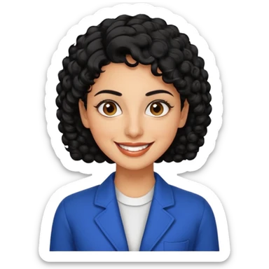 30 year old iranian woman very short curly black hair, big brown eyes, tanned skin, big smile, white teeth, pretty, stylish, shorter hair, boy cut hair, nice clothes sticker