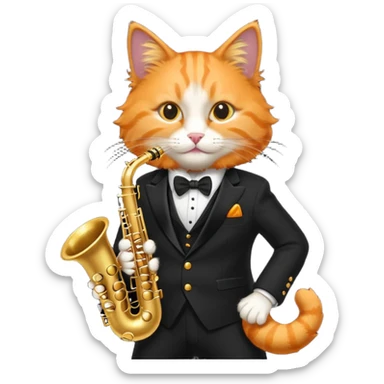 orange cat play gold saxophone, wear black suit sticker