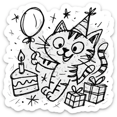 chaotic outlined icon of a playful kitten with stripes, birthday hat, holding a balloon, cake and presents scattered around sticker