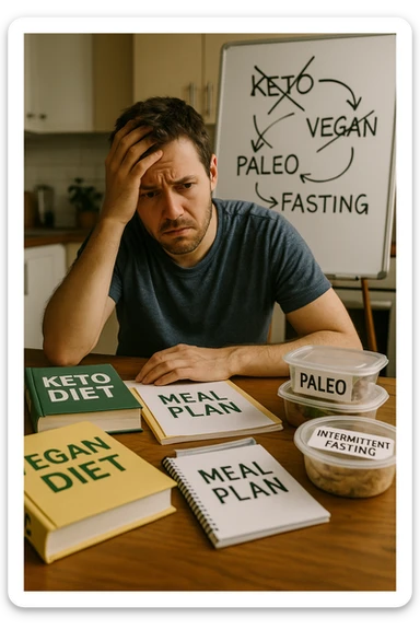 Confused man in his 30s sitting at a kitchen table cluttered with various diet books, meal plans, and food containers labeled keto, vegan, paleo, intermittent fasting. He holds his head with one hand, looking overwhelmed and frustrated. The background shows a whiteboard full of crossed-out diet names and arrows going in circles. Expression: mental fatigue, indecision, information overload. Soft lighting, slight mess to emphasize his struggle. sticker