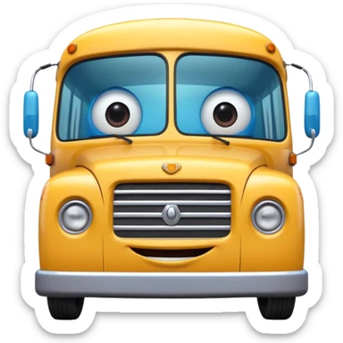 Front view of a bus with a cheerful smiling face, expressive eyes integrated into the windshield, glossy 3D animation style, Pixar-inspired, vibrant colors, soft shadows, cinematic lighting, ultra detailed, 4k render sticker