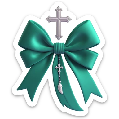 3D emoji gothic bow, dark emerald velvet, silver cross, and feather details sticker