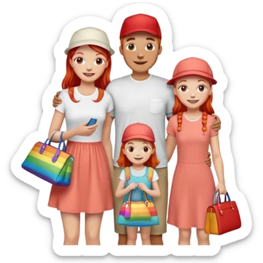 A happy family of four - father in white t-shirt and cap, mother with red hair in coral dress, young daughter in matching dress with rainbow handbag, teenage son in light embroidered shirt, all smiling together sticker