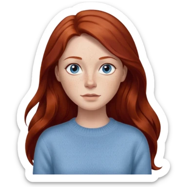 woman with long dark auburn red hair that is mostly straight but has slight waves to it. grey blue eyes. some freckles. wearing a Swedish style sweater that is neutral. the image on the right is closer sticker