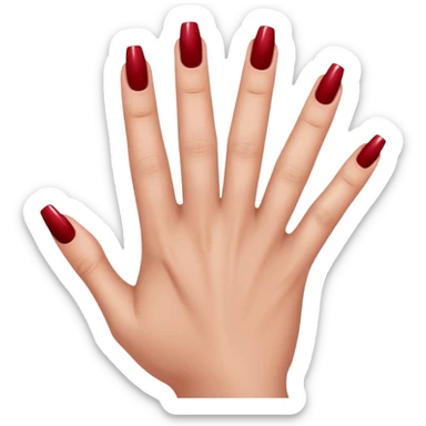 close-up of a left hand of a woman showing 3-4 fingernails out of five, painted in dark red nail polish, glossy finish, deep saturated red, smooth gradient, minimal details, clean and shiny
 sticker