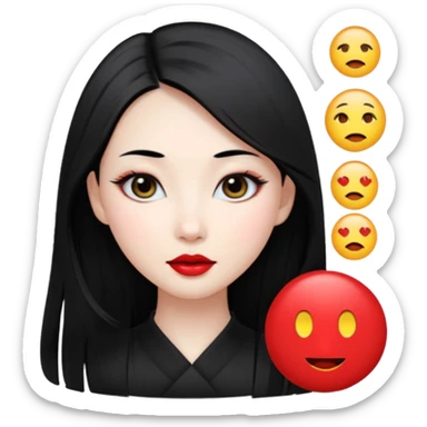 elegant young Chinese woman, long black hair, pale skin, oval face, big black eyes, red lips, emoji style sticker