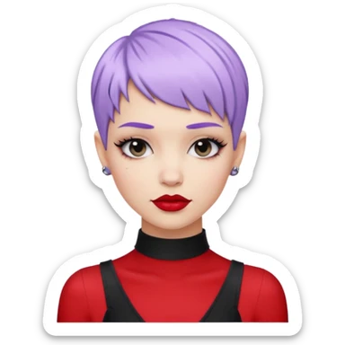cool white girl with pastel purple pixie hair, black choker necklace, red lipstick, lip ring, raised eyebrows, smirk, fashionista style sticker